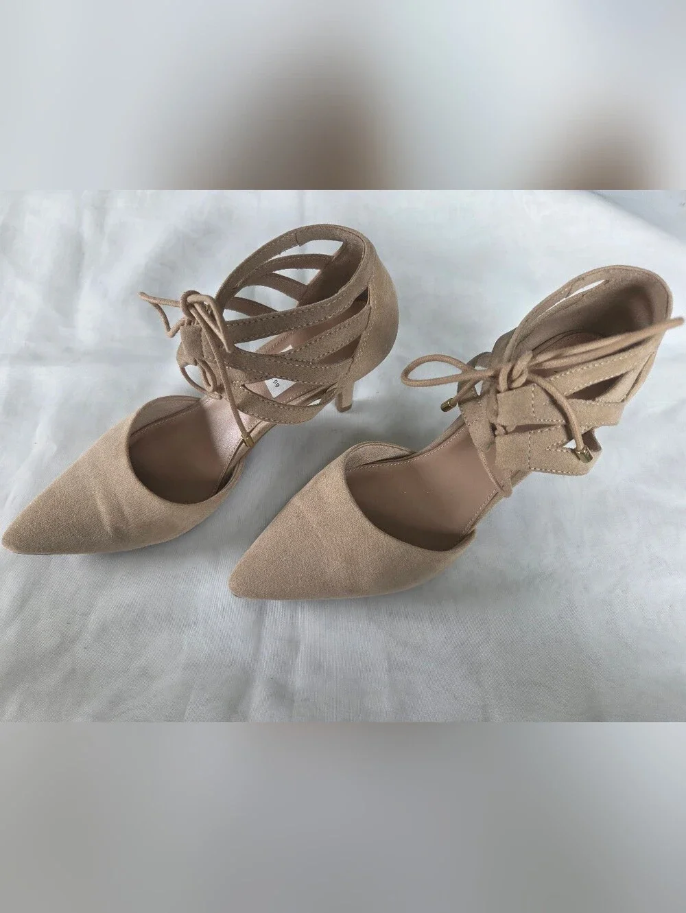 Lace-Up Pointed-Toe Heels‎ in Beige